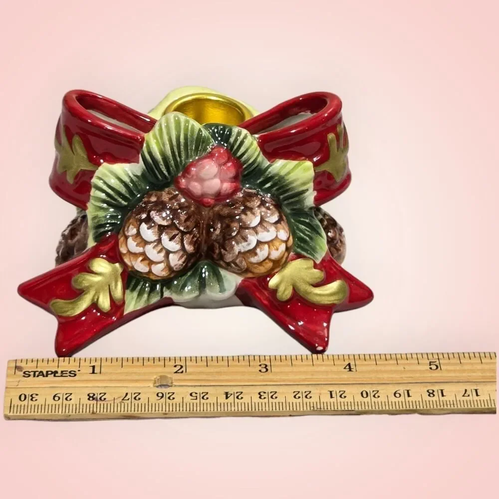 VTG Ceramic Christmas Wreath Candle Holders With Pinecones And Red Bow‎ 3D